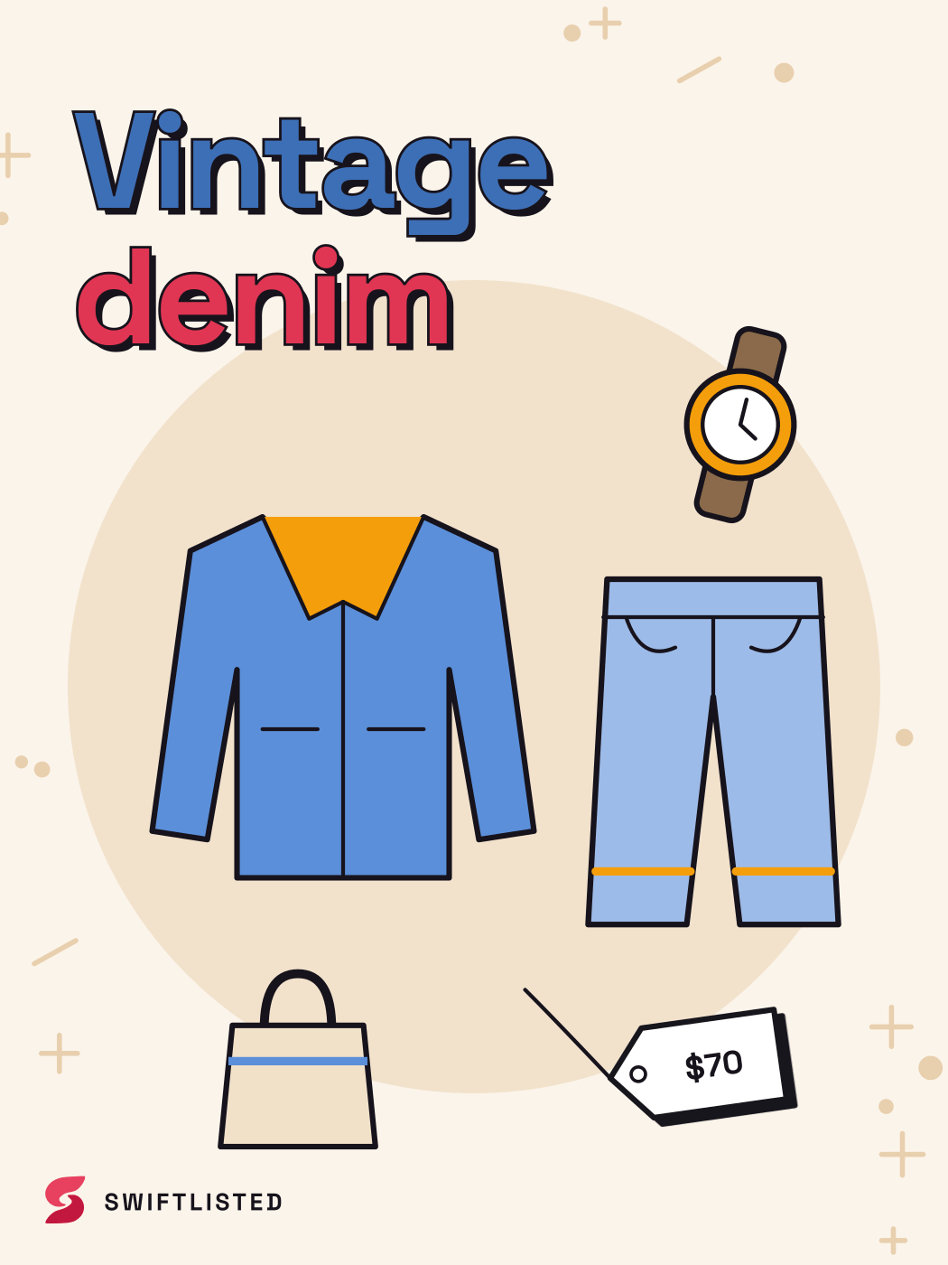 Vintage moodboard: a denim jacket, straight-leg jeans, a watch and a tote in faded blues