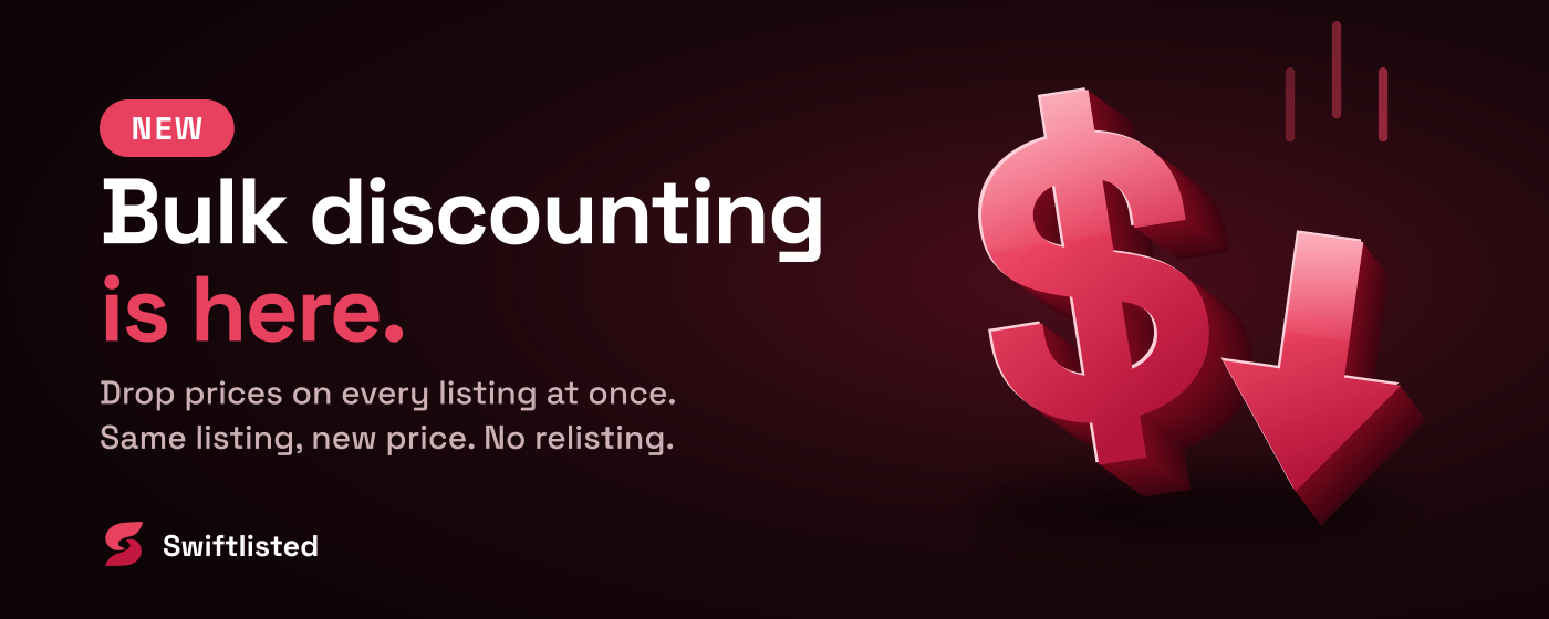 Banner reading "Bulk discounting is here" beside a large red 3D dollar sign and a downward arrow on a dark red ground