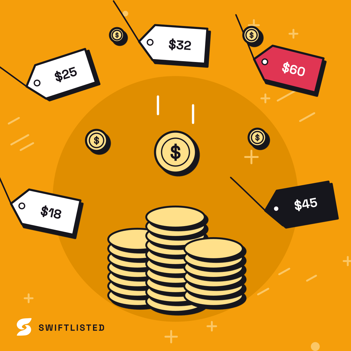 Coins and price tags falling around a coin stack