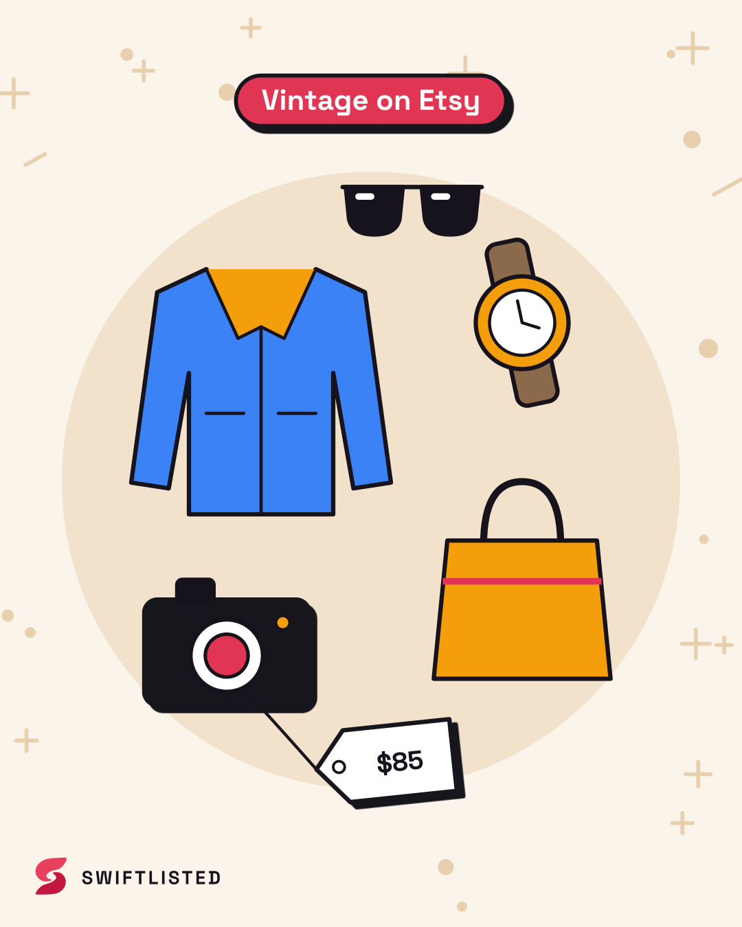Vintage finds — a denim jacket, a watch and a tote — arranged around an Etsy chip