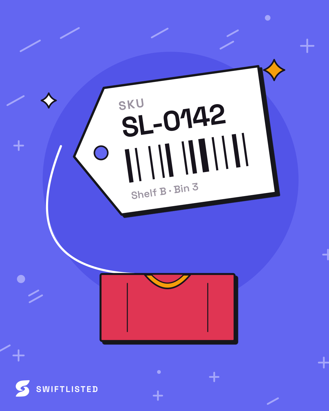 A large hang tag with a barcode and a SKU code tied to a folded t-shirt